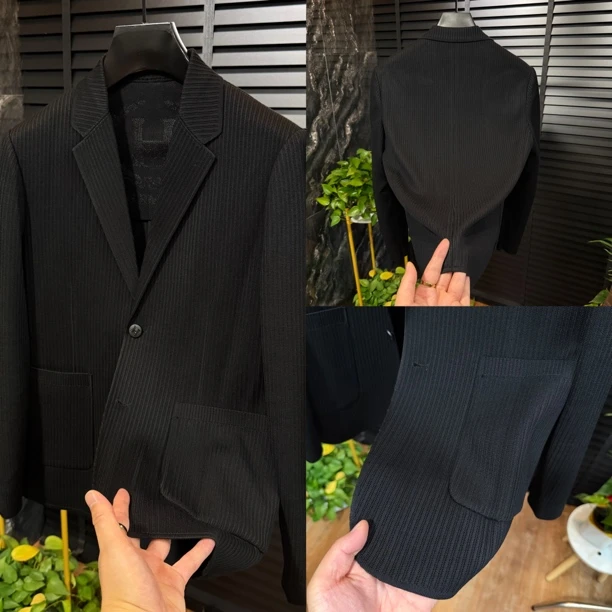 802标准早秋款修身纯色针织西服上装黑色春季春秋男装正装