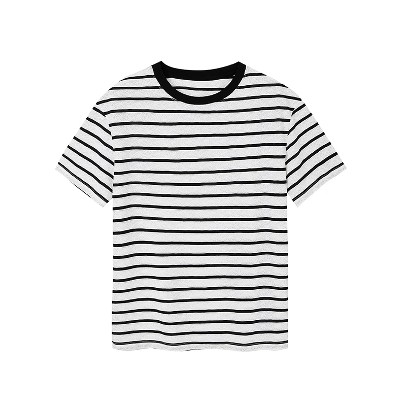 【达人专属】宽松蕾丝条纹T恤6069