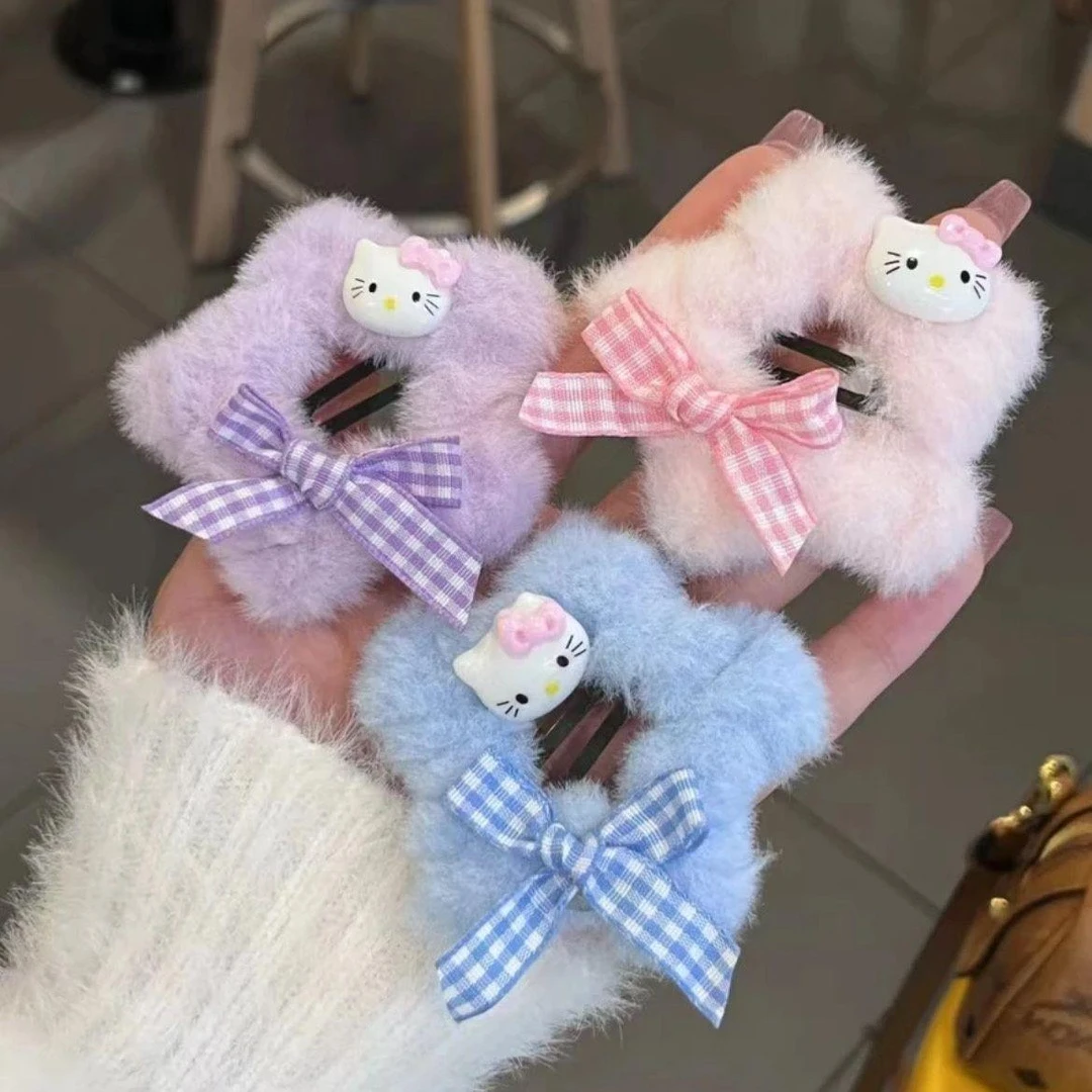 毛茸茸的星星Kt猫格纹蝴蝶结发夹女孩心Bb夹甜美的秋冬五角星卡通