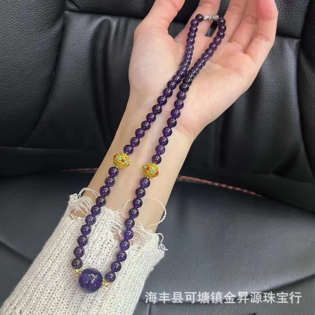 天然紫水晶项链紫色毛衣链吊坠新中式时尚 6.5MM -317