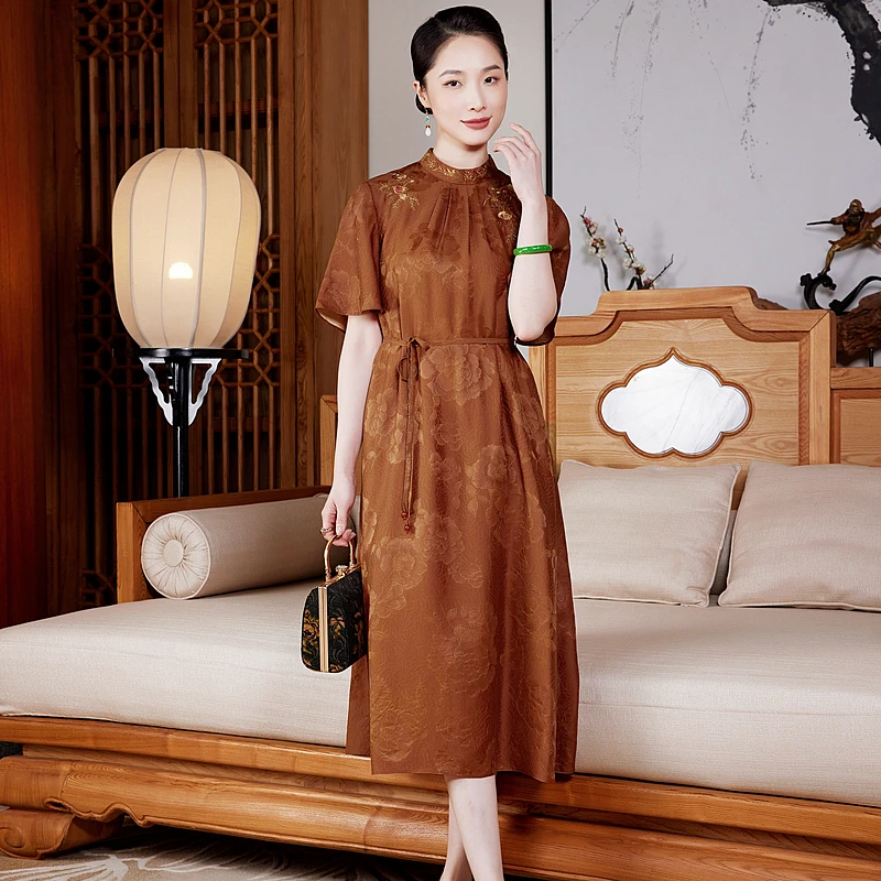 【拂云袖】花罗红云纱显白显瘦气质复古国风中国风蚕丝连衣裙W25646