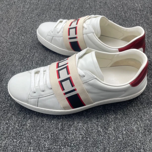 95新 GUCCI/古驰 ACE 条纹绑带Logo 白色板鞋43码98新公价5200