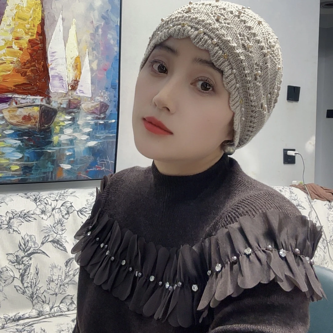 女包头帽帽子手工棉线网红蕾丝女士手工订珠双层