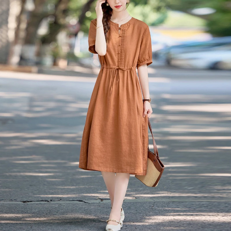 橘色棉麻连衣裙女中长款2025夏季新款短袖收腰显瘦休闲减龄裙子潮