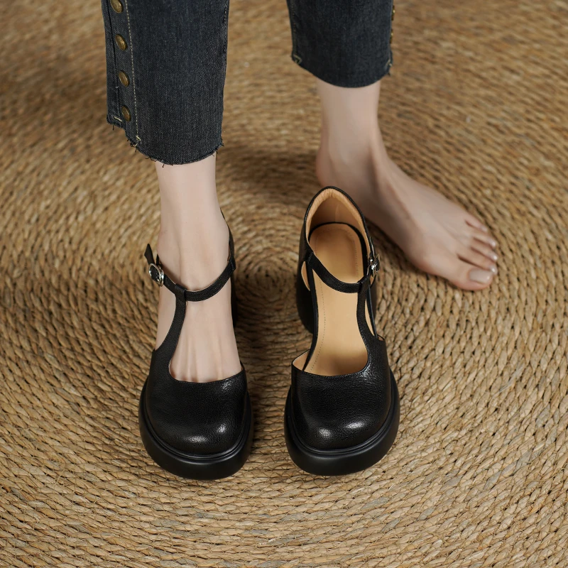 7.5cm厚底舒适中空高跟鞋2025夏季新款圆头粗跟浅口一字带凉鞋女