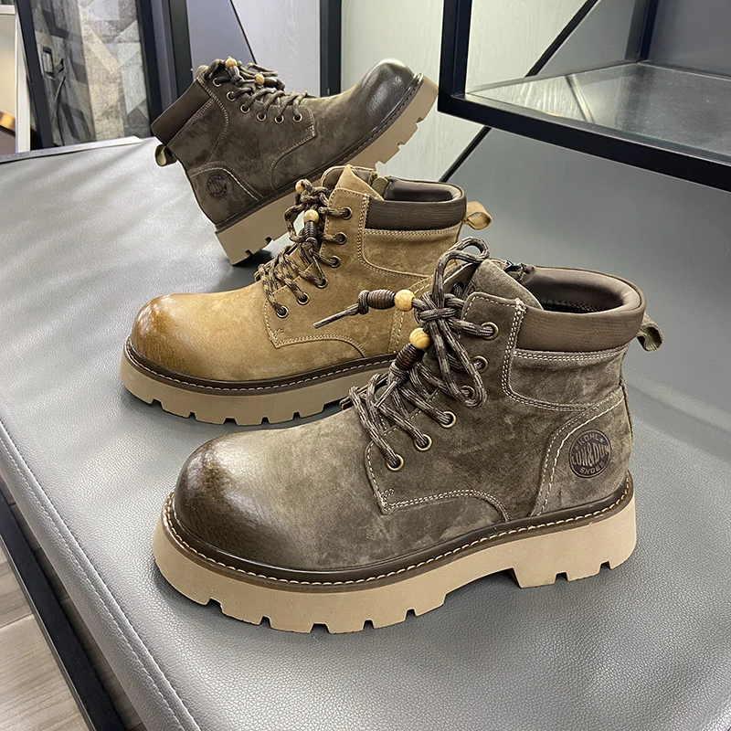 秋冬百搭2025高帮马丁靴薄绒保暖二棉鞋大黄靴猪巴皮国潮擦色男鞋