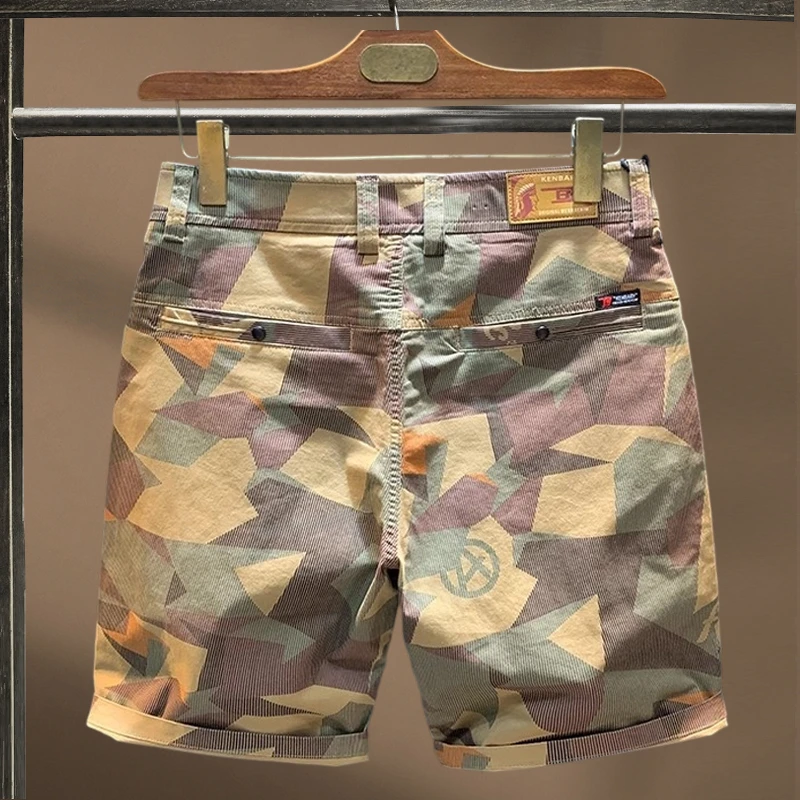 法国Cebrodz不规则迷彩色短裤男筒宽松休闲五分裤高端水洗薄款