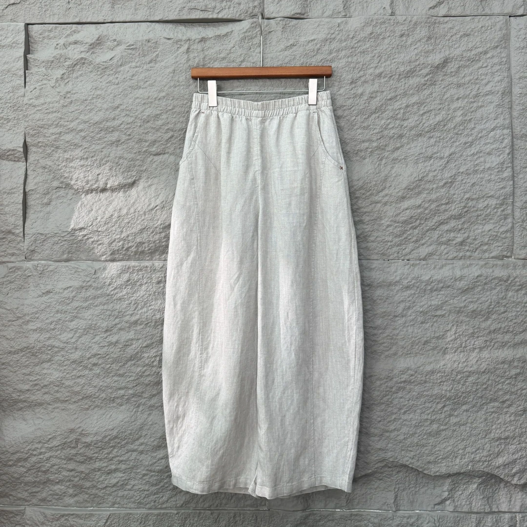 慧丽【空调裤】夏季新款高端亚麻松紧腰宽松显瘦阔腿直筒裤 65085