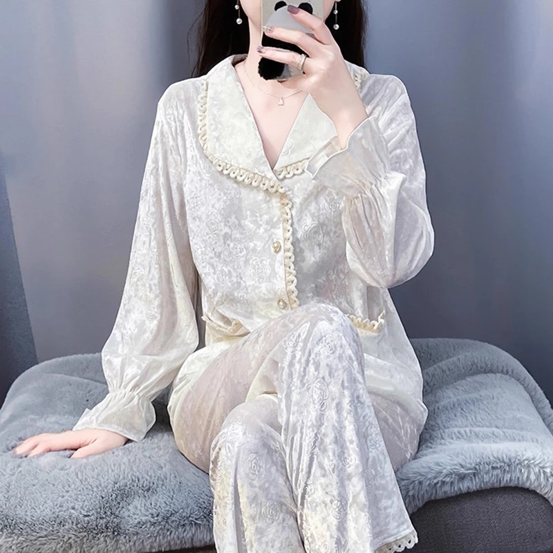 tpvl2025新款法式金钻绒睡衣女秋冬季家居服套装高级感花边可外穿