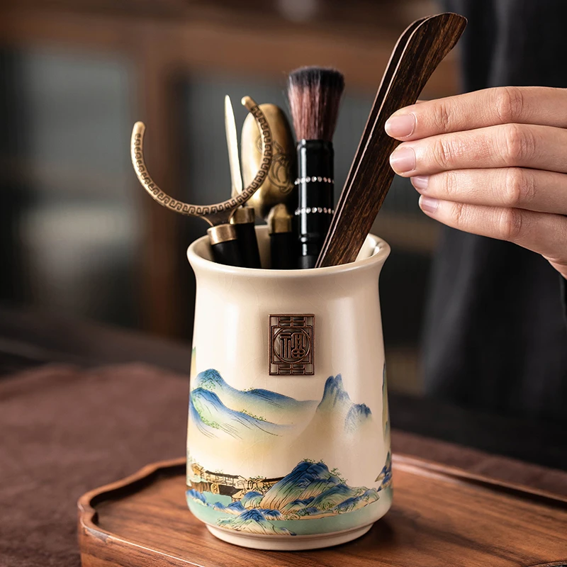 新款汝窑大好河山茶道六君子陶瓷泡茶茶道零配养壶笔茶勺茶台用具