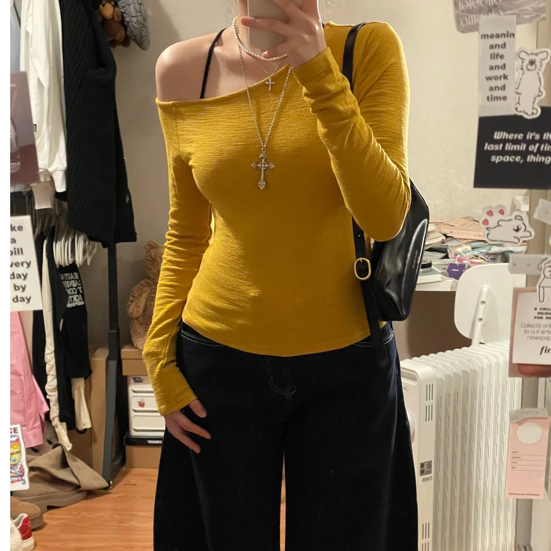 艺等斜肩露肩长袖t恤秋季可外穿修身显瘦内搭打底纯欲百搭女上衣