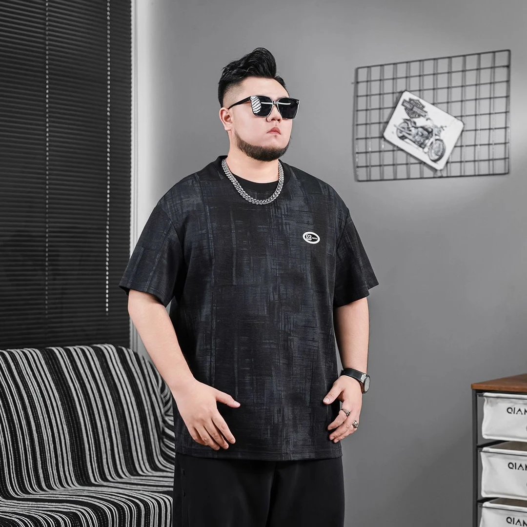 清仓爆款暗纹大码t恤短袖男士夏季新款宽松休闲加肥加大潮流胖子
