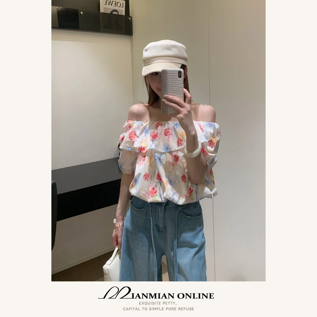 MIANMIANONLINE“花开半夏”夏季印花宽松型碎花一字领休闲风1147