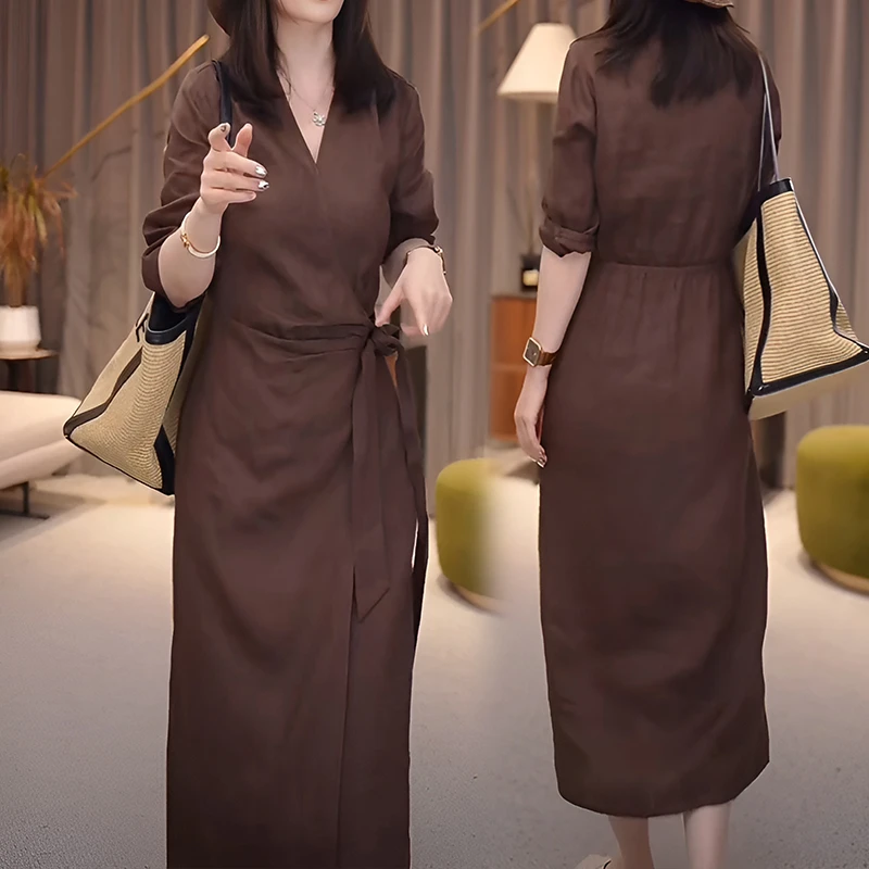 高级感宽松气质时尚系带长裙子女2025黑纱连衣法式挂脖女士长裙
