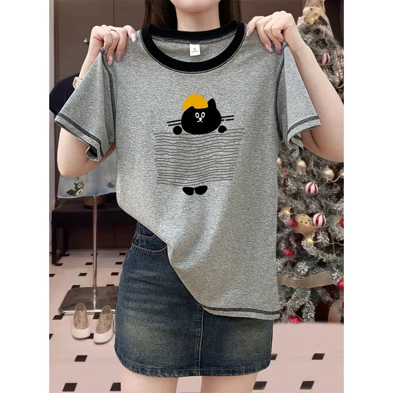 2025新款正肩撞色短袖t恤女时尚洋气灰色圆领上衣打底衫春夏季潮