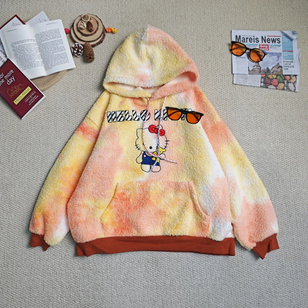 2025春季新款休闲时尚卡通字母印花连帽扎染加厚卫衣9221