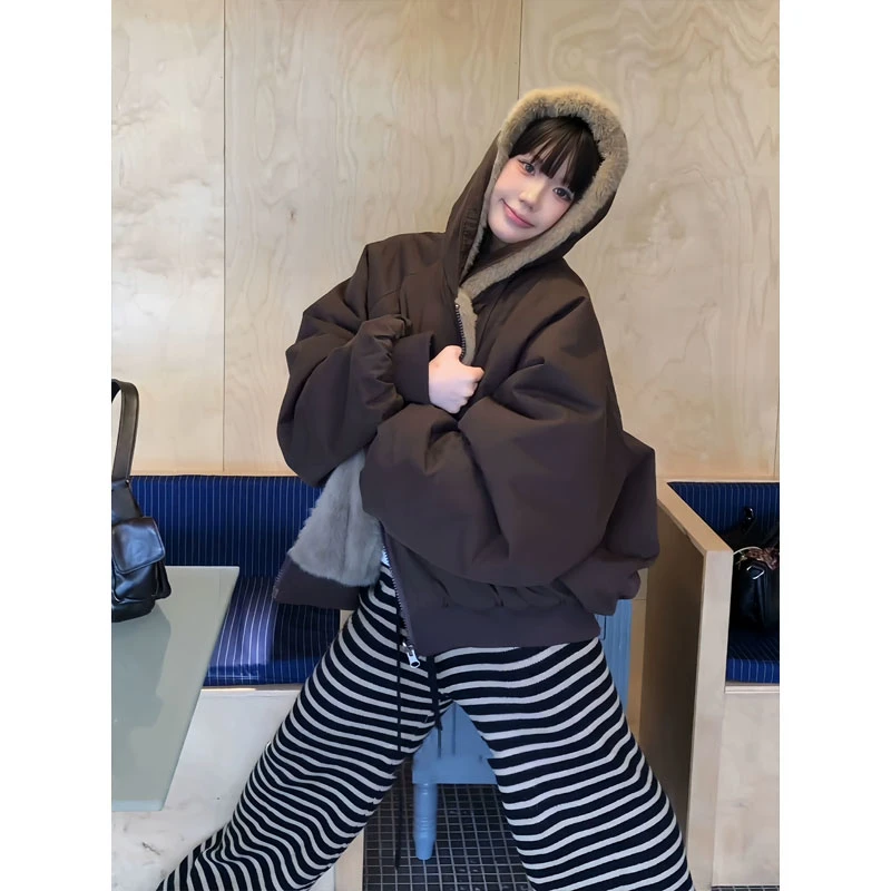 美式复古仿貂毛连帽座山雕棉服男女冬季加厚保暖情侣棉衣外套夹克