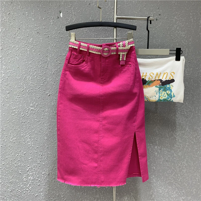 300斤大码玫红色毛边开叉牛仔韩版春季新款高腰老钱风松弛感女装