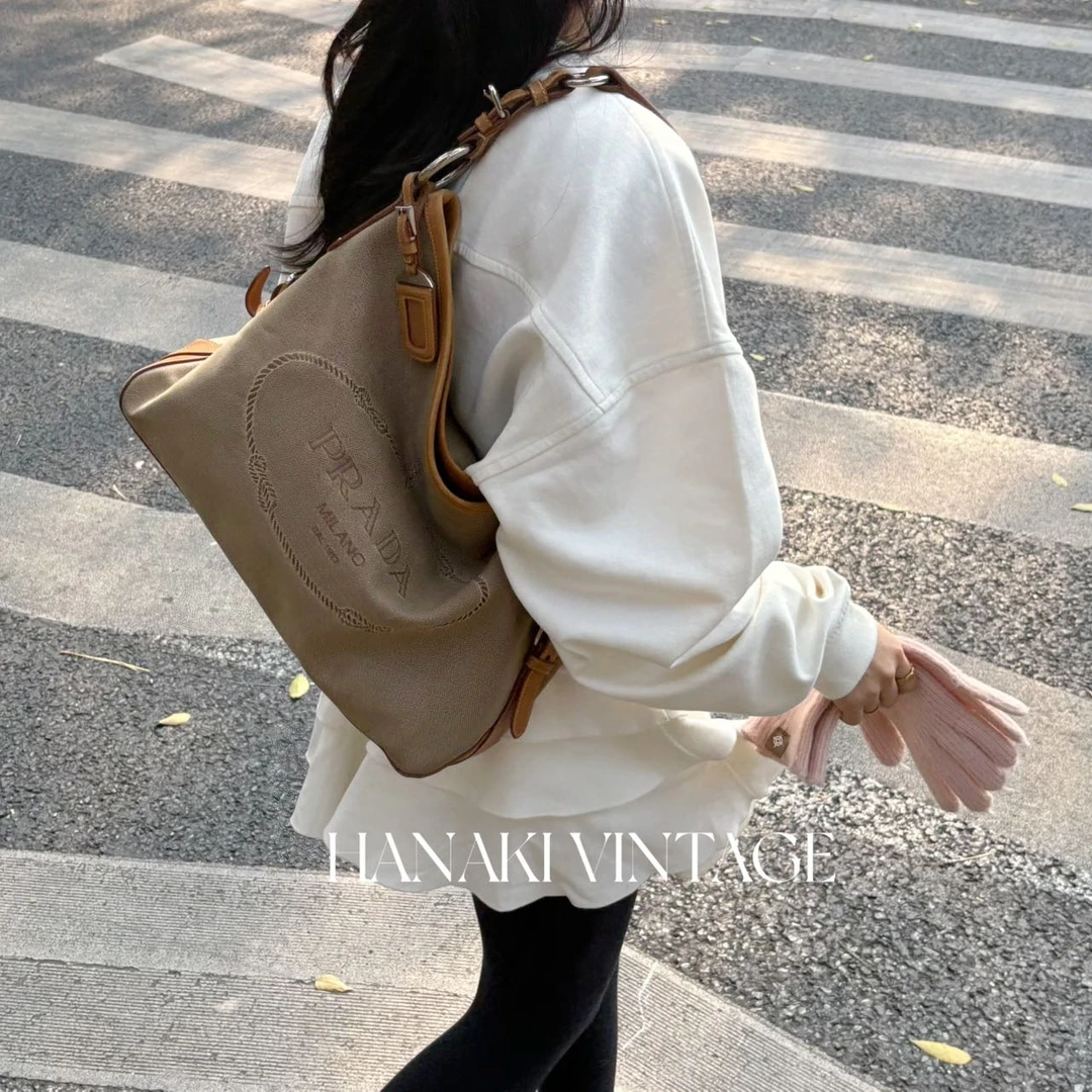 95新 Prada/普拉达 花绮中古/Prada卡其棕腋下单肩包