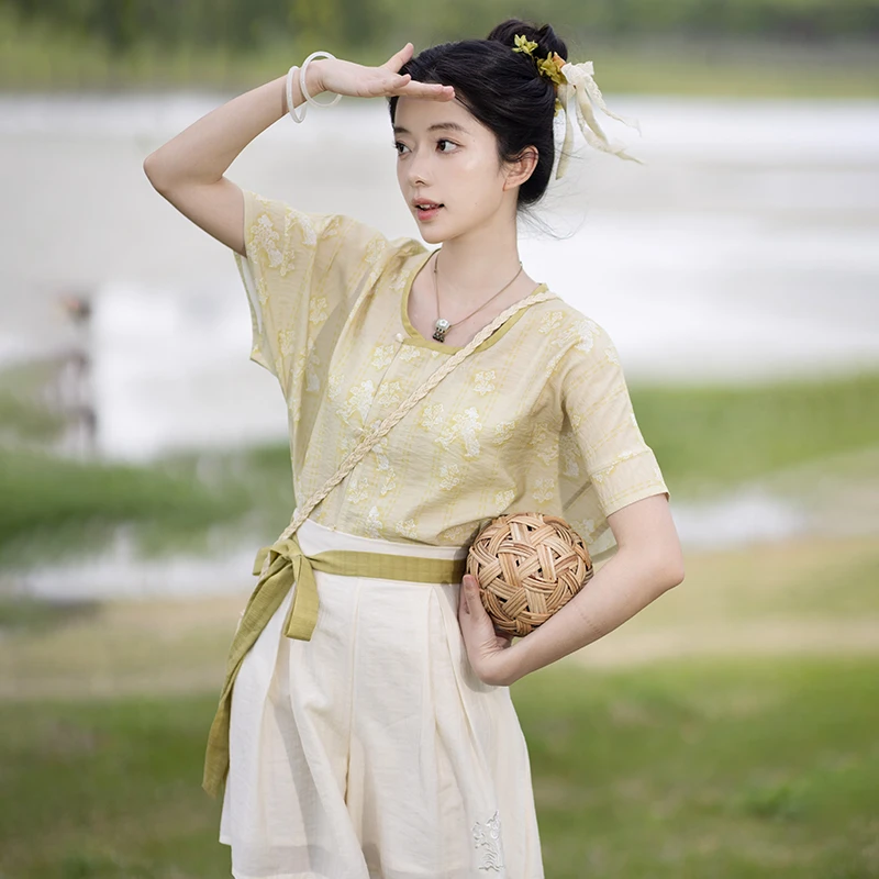 池夏【中国符号:煮酒青梅】唐制坦领短衫莱赛尔改良短裤原创汉服 夏