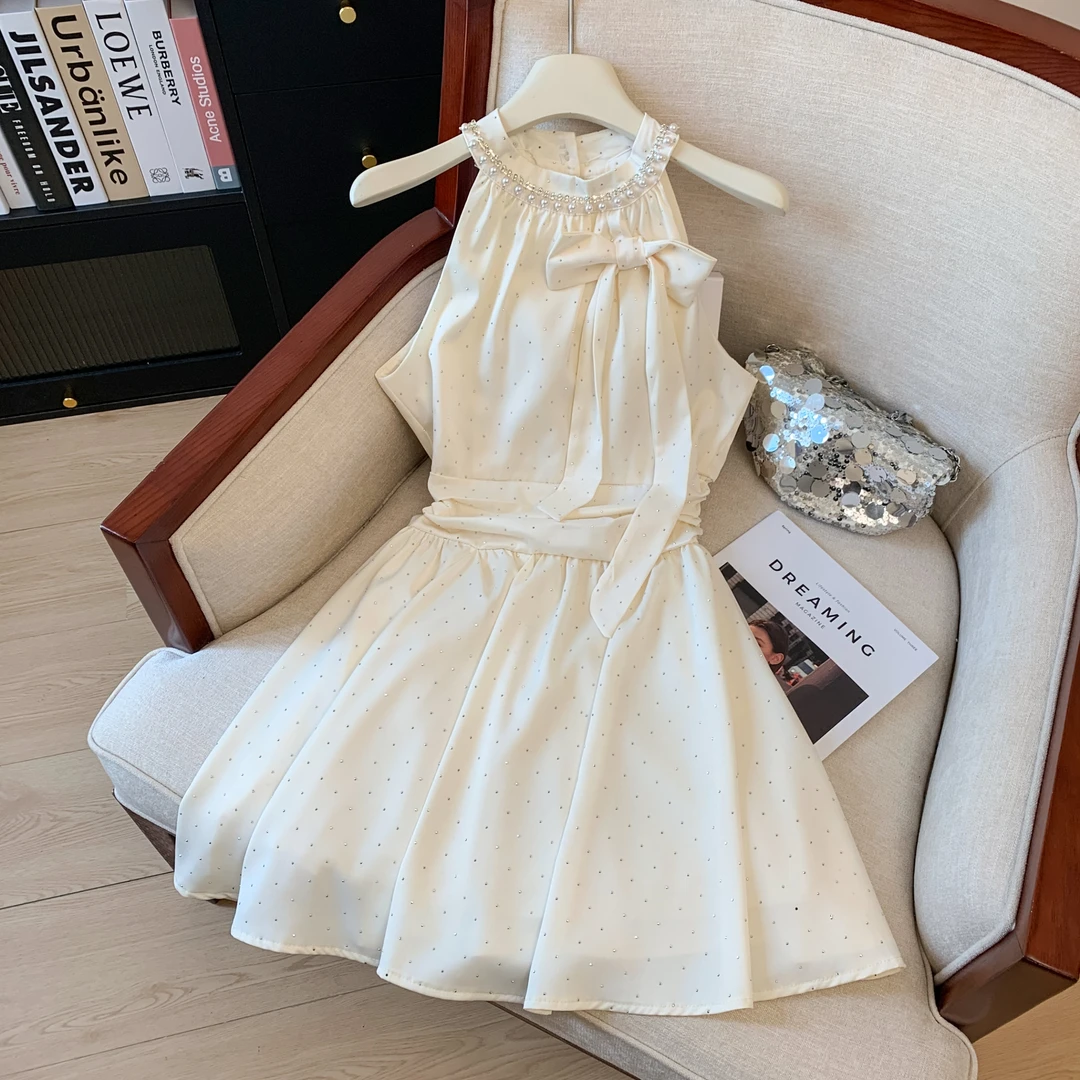 2025新款精致连衣裙礼裙气质名媛千金珍珠镶钻蝴蝶结挂脖波点裙夏