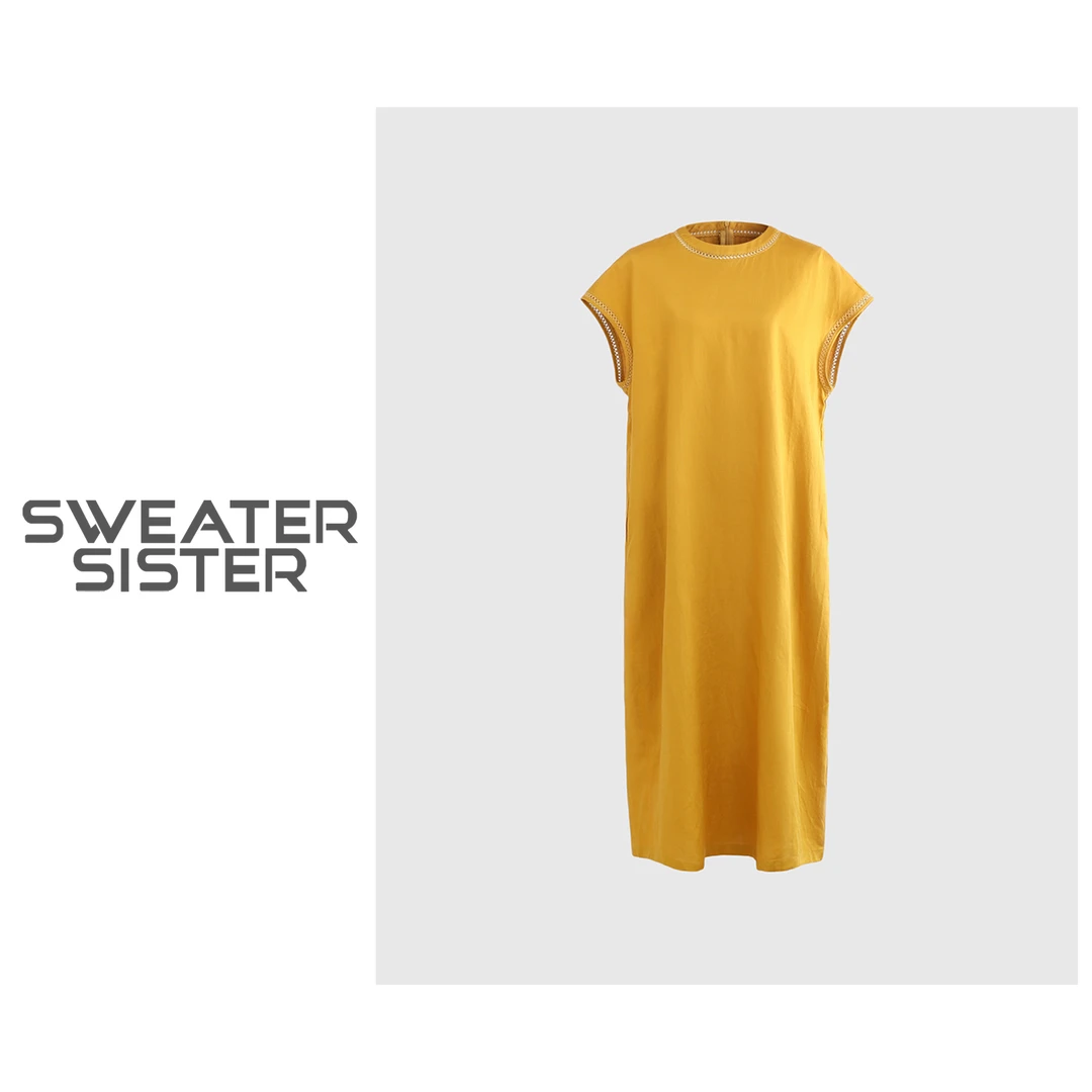 极简风圆领飞飞袖宽松显瘦亚麻连衣裙女5151-1297