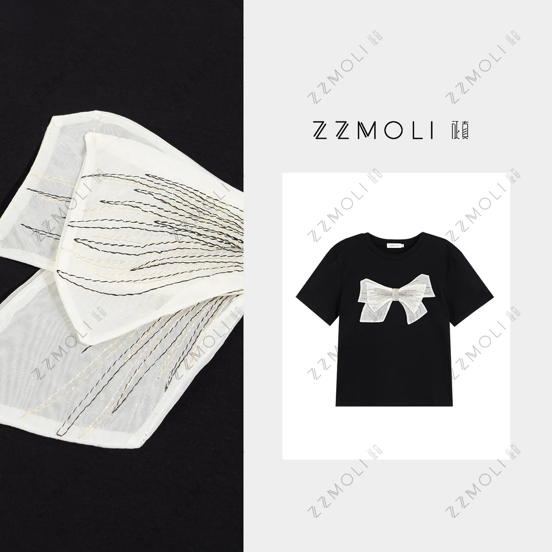 ZZMOLI“ 蝶恋”夏天新款甜美穿搭减龄蝴蝶结T恤女洋气衣服ZBY76011