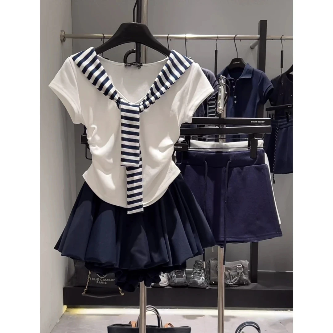 V领海军风拼接假两件条纹披肩短袖T恤女夏季减龄甜美显瘦短款上衣