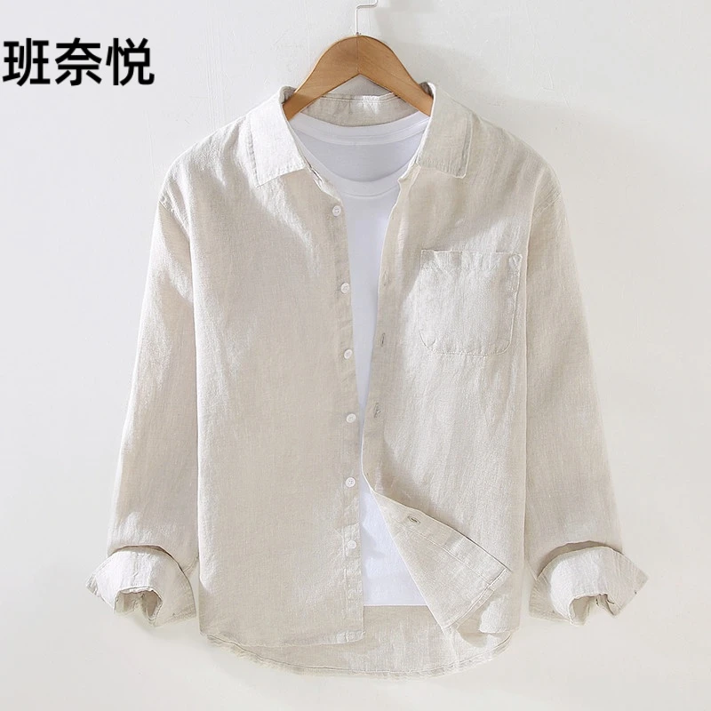 春季亚麻长袖衬衫男薄款休闲宽松高端衬衣工装简约棉麻衬衫日系