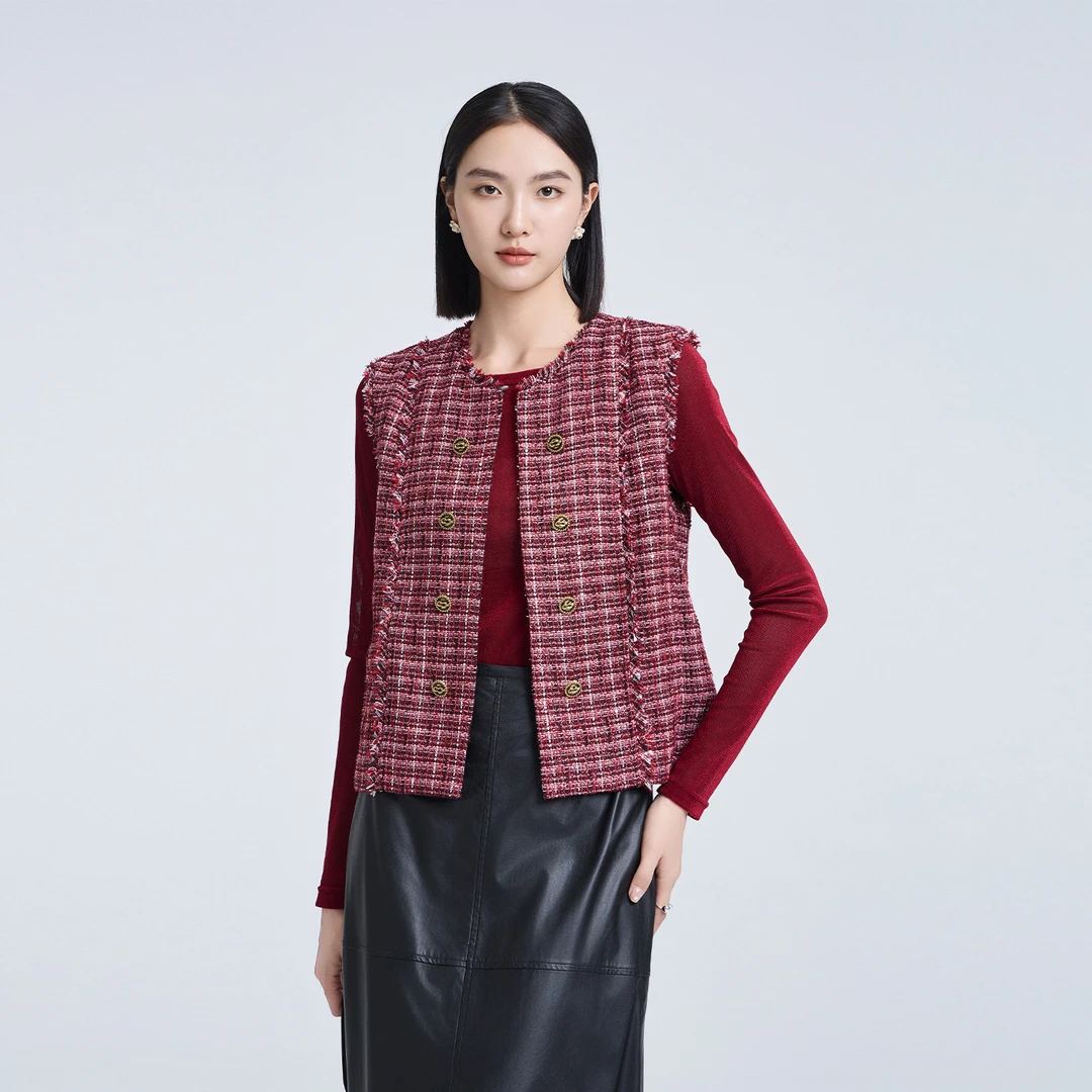 恩家秋小香风休闲时尚复古拼接粗花呢气质马甲ESQV8A565
