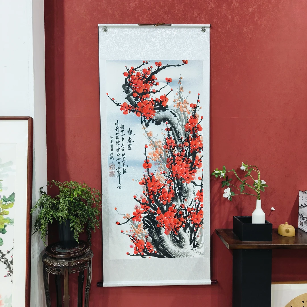 田广杰：《红梅报春》70*170厘米手绘国画作品卷轴软裱无框