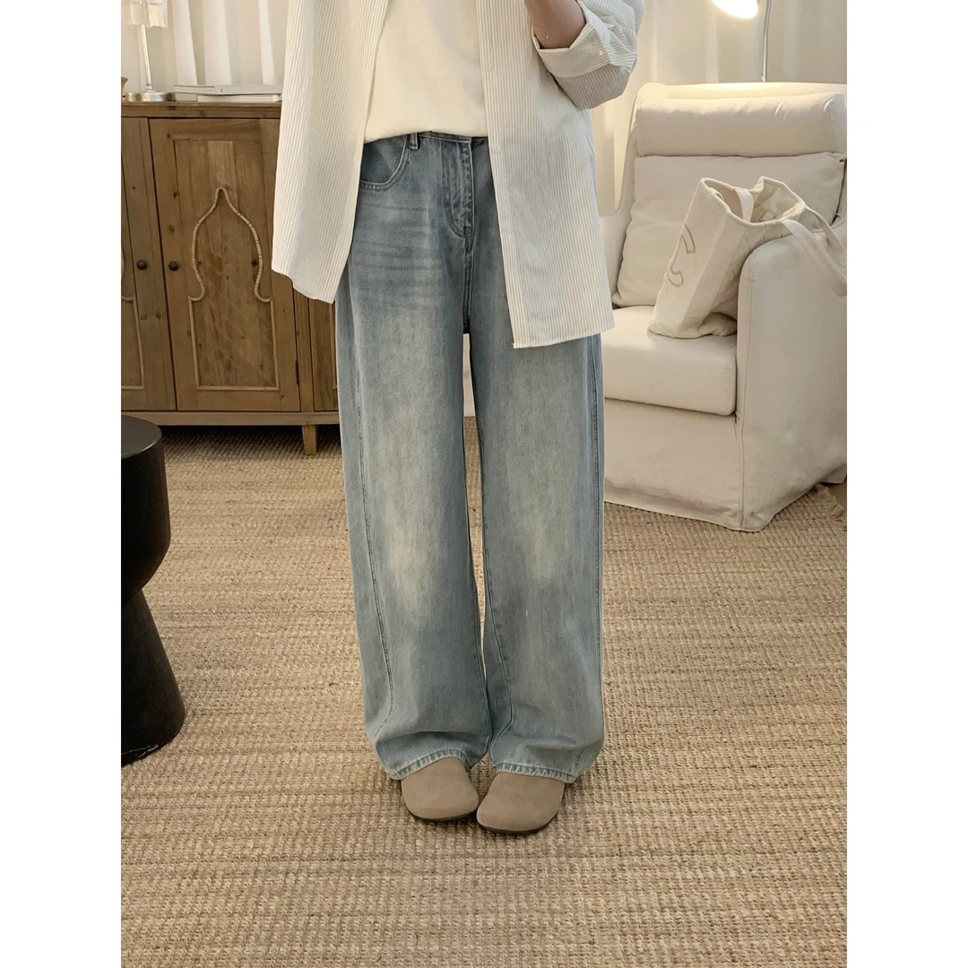 阿茶与阿古浅蓝水洗牛仔裤男夏薄款潮流宽松直筒休闲长裤A2504515