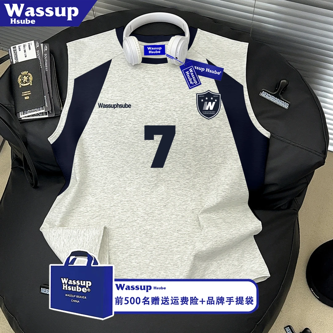 WASSUP HSUBE街头风美式设计感字母印花拼接无袖T恤男坎肩背心女