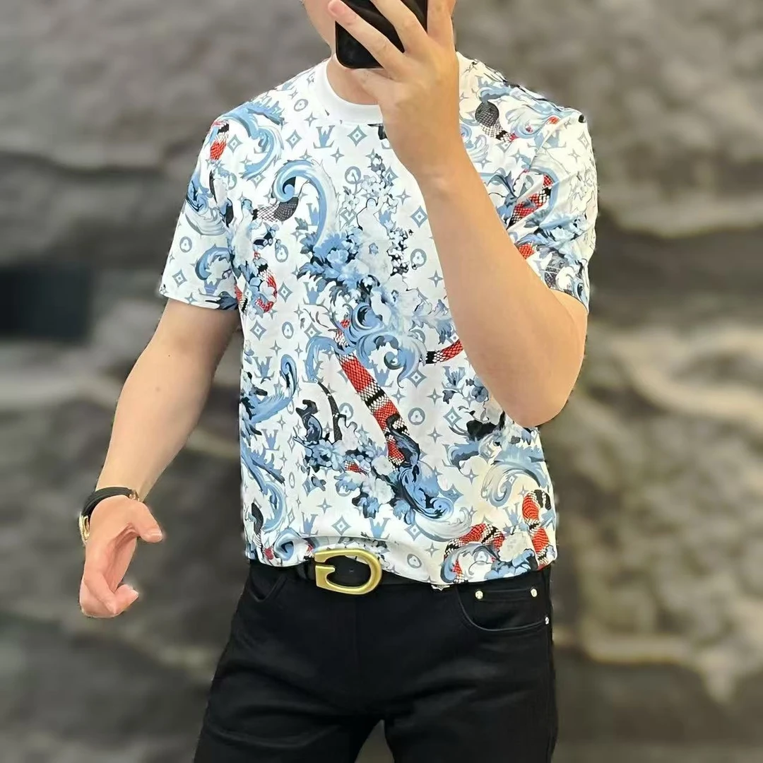 新款高端男士潮流百搭个性印花拼色图案休闲短袖T恤25SS077