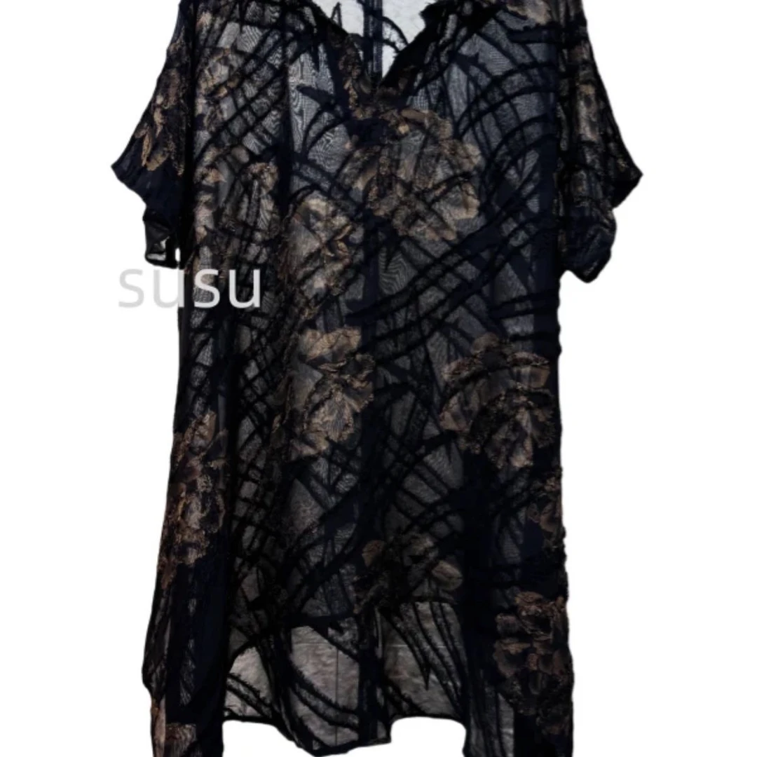 1361/浮光跃金蕾丝衫贵气时尚百搭气质黑色宽松衬衫中长款上衣