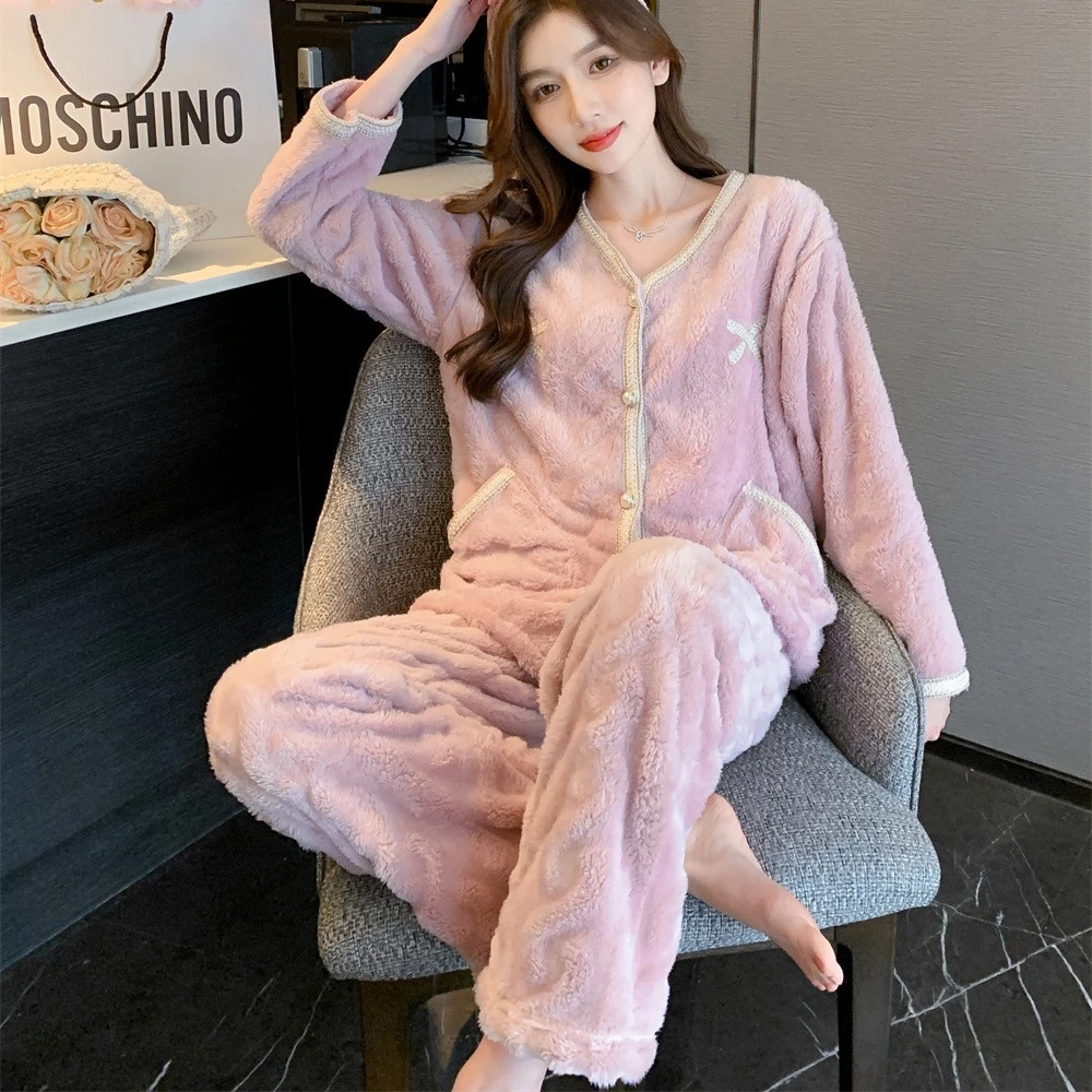 【万达撤柜】上海故事珊瑚绒睡衣女秋冬加厚加绒保暖家居服法兰绒