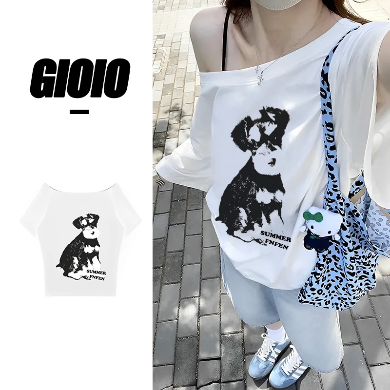 夏季新款穿搭休闲慵懒简约风一字领露肩短袖t恤女显瘦上衣服