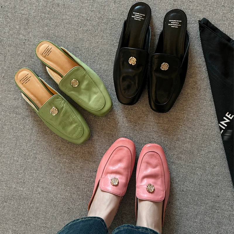 夏天半拖女2025新款外穿拖鞋百搭包头真皮穆勒鞋子山茶花平跟凉拖