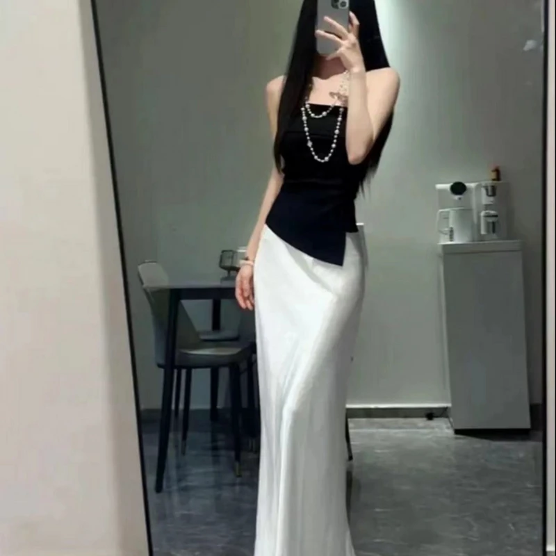 辣妹一字肩无袖抹胸套装显瘦夏季长裙高冷御姐白色服装女气质套装