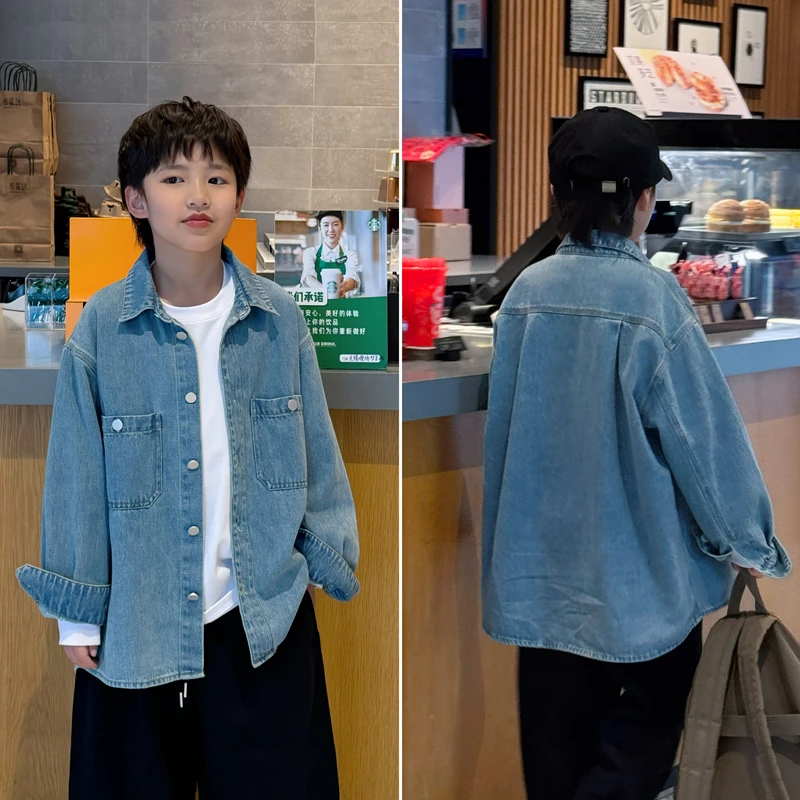 凯文家童装2025年 春季新款男童中大童时尚牛仔衬衫儿童牛仔外套