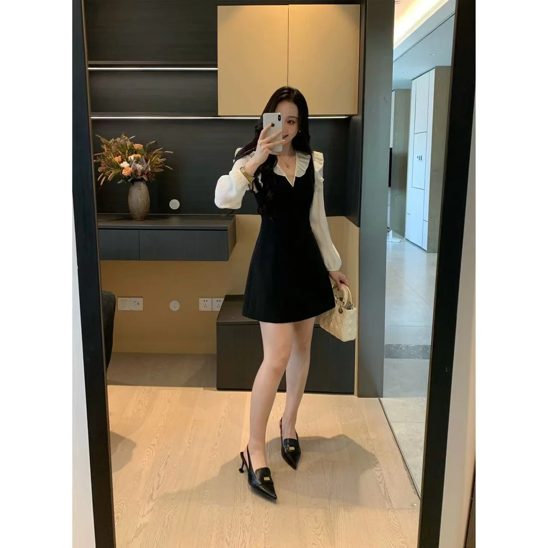 XINYI【玉兰花】秋季木耳边拼接西装连衣裙收腰显瘦裙X625Q13922