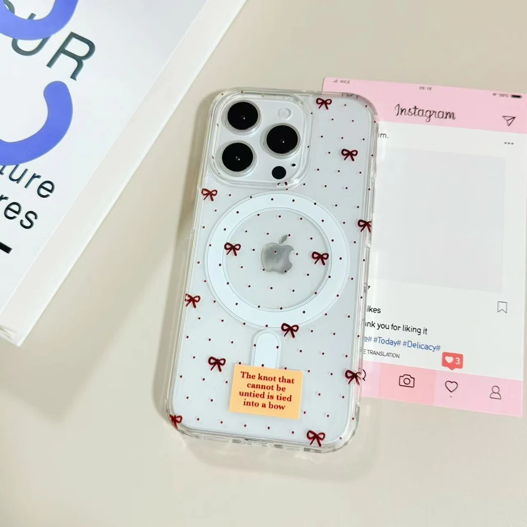 【亚克力磁吸】红色圆点蝴蝶结手机壳适用苹果16PPro/15/14防摔