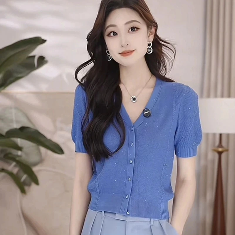 【商场同款】冰丝V领针织衫夏季百搭清凉色彩气质短袖开衫女5499253