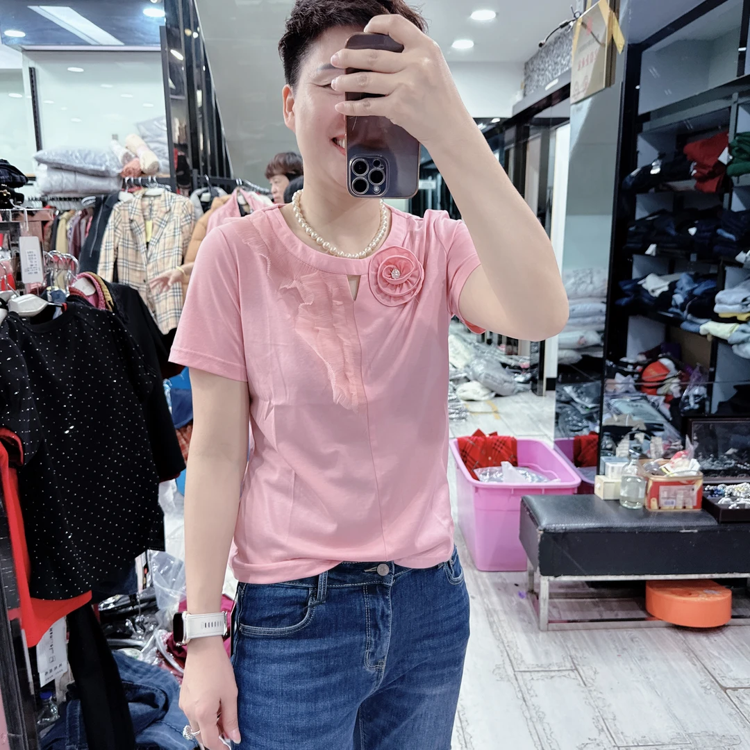 韩货高档丝光棉3色一朵花冰凉上衣6195