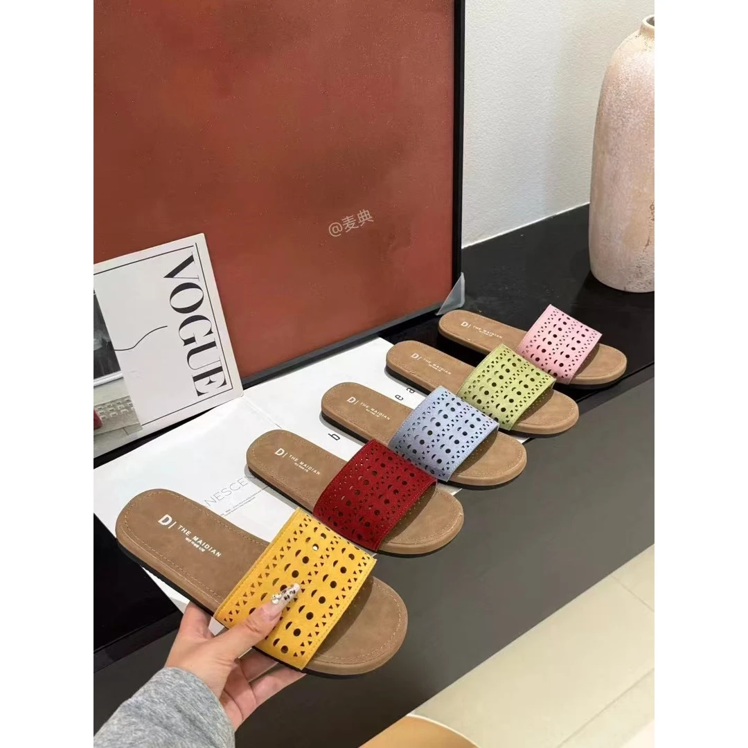 一字凉拖夏季新款复古编织镂空露趾外穿拖鞋D333-2