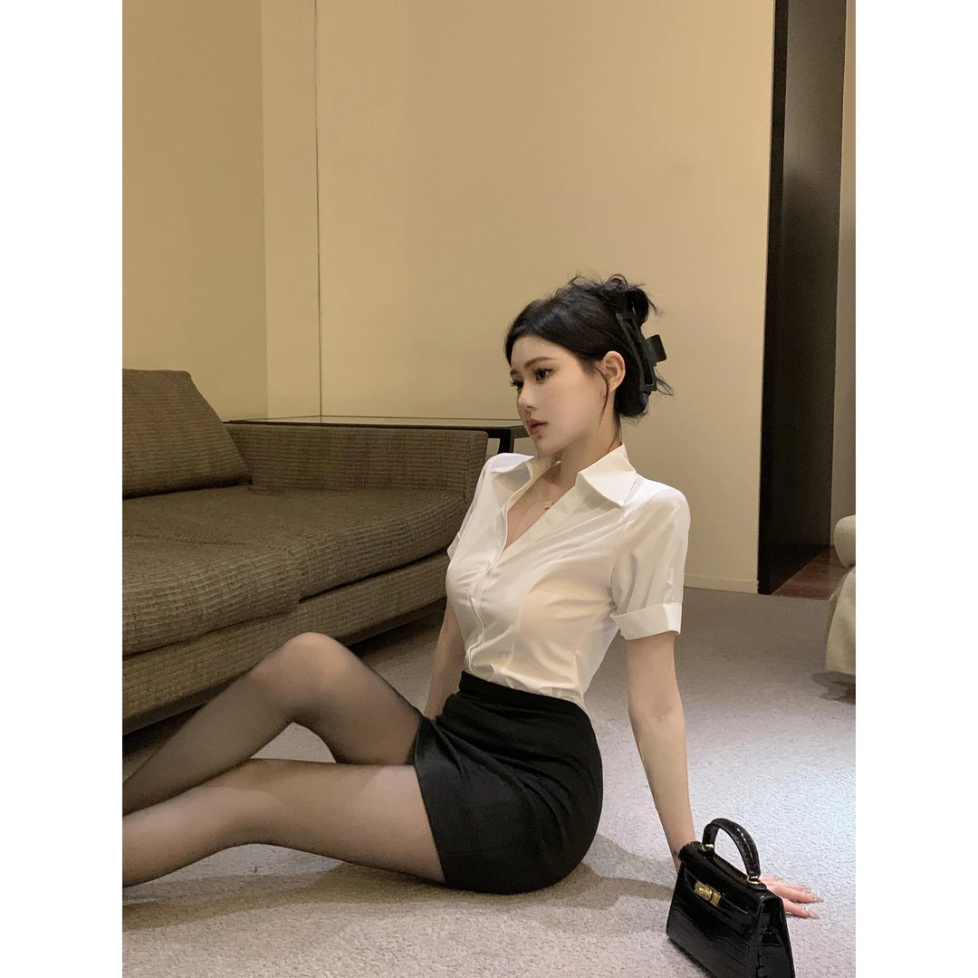 短袖白衬衫女夏季空乘面试工作服V领衬衣空姐前台正装职业女套装