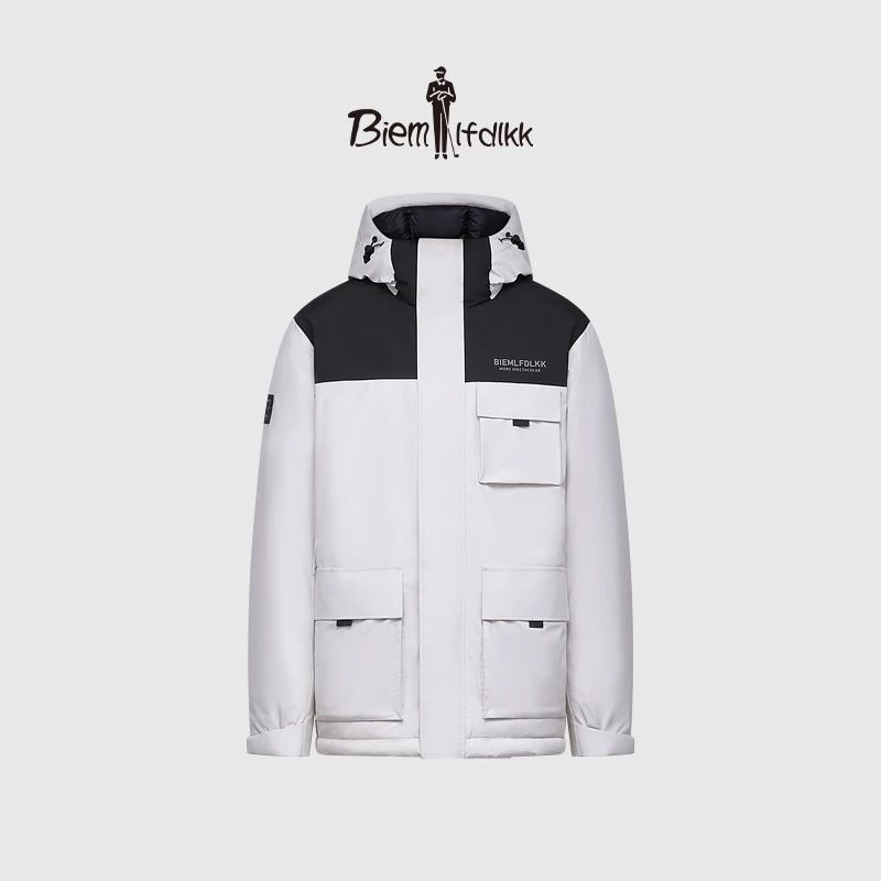 【法国进口羽绒】冬季新款男士工装拼色连帽羽绒服外套