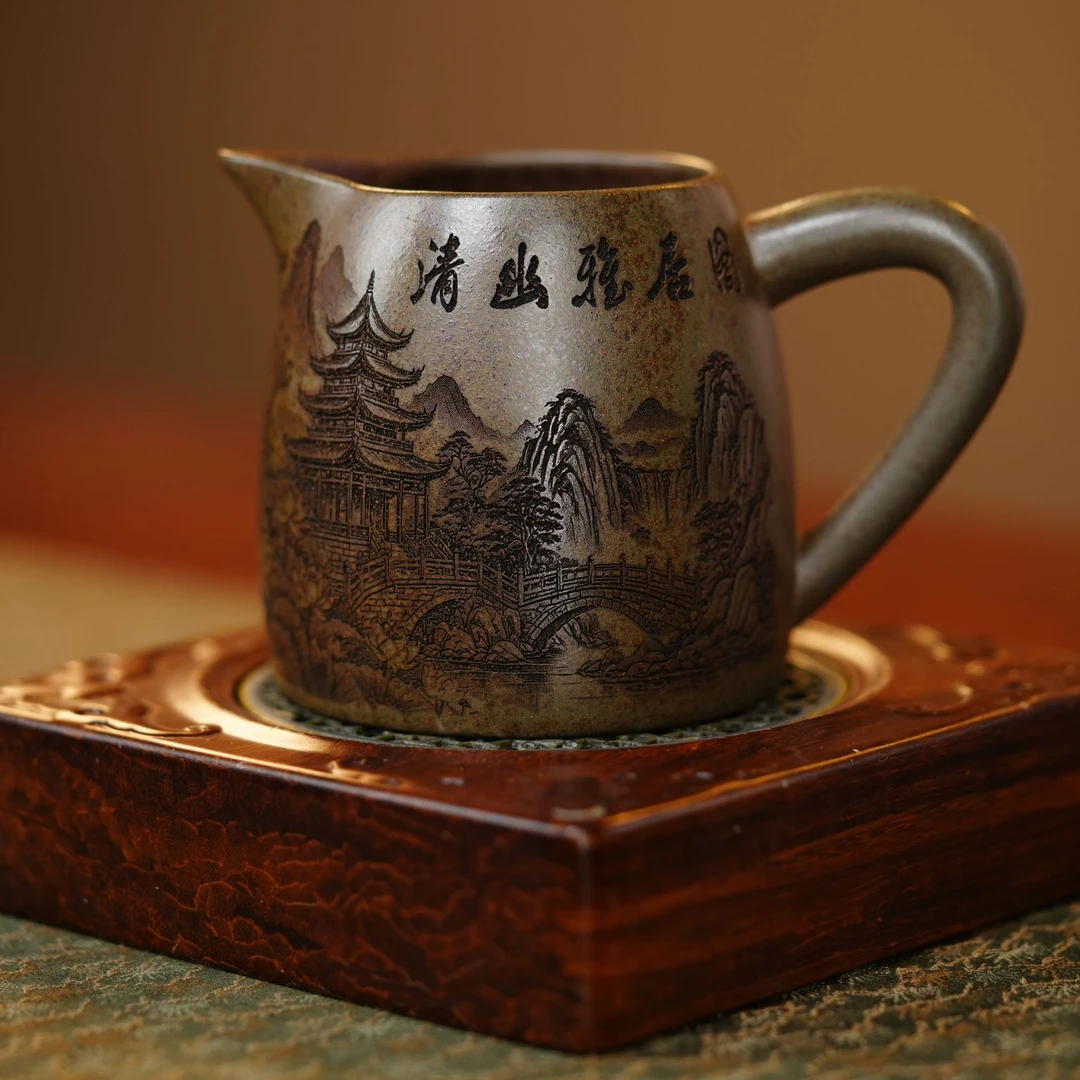 【清幽雅居紫砂公道】宜兴紫砂蟹壳青柴烧清幽雅居图刻绘大容量分茶