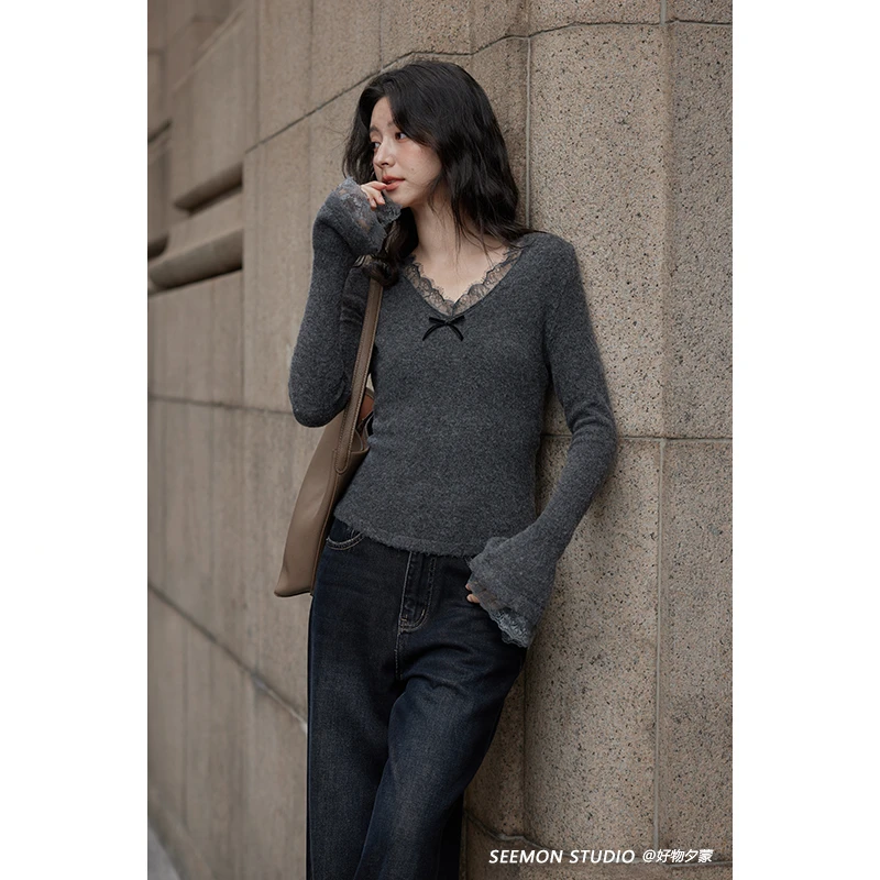 Seemon秋冬韩系修身显瘦上衣时尚高级小个子灰色短款针织衫M10366