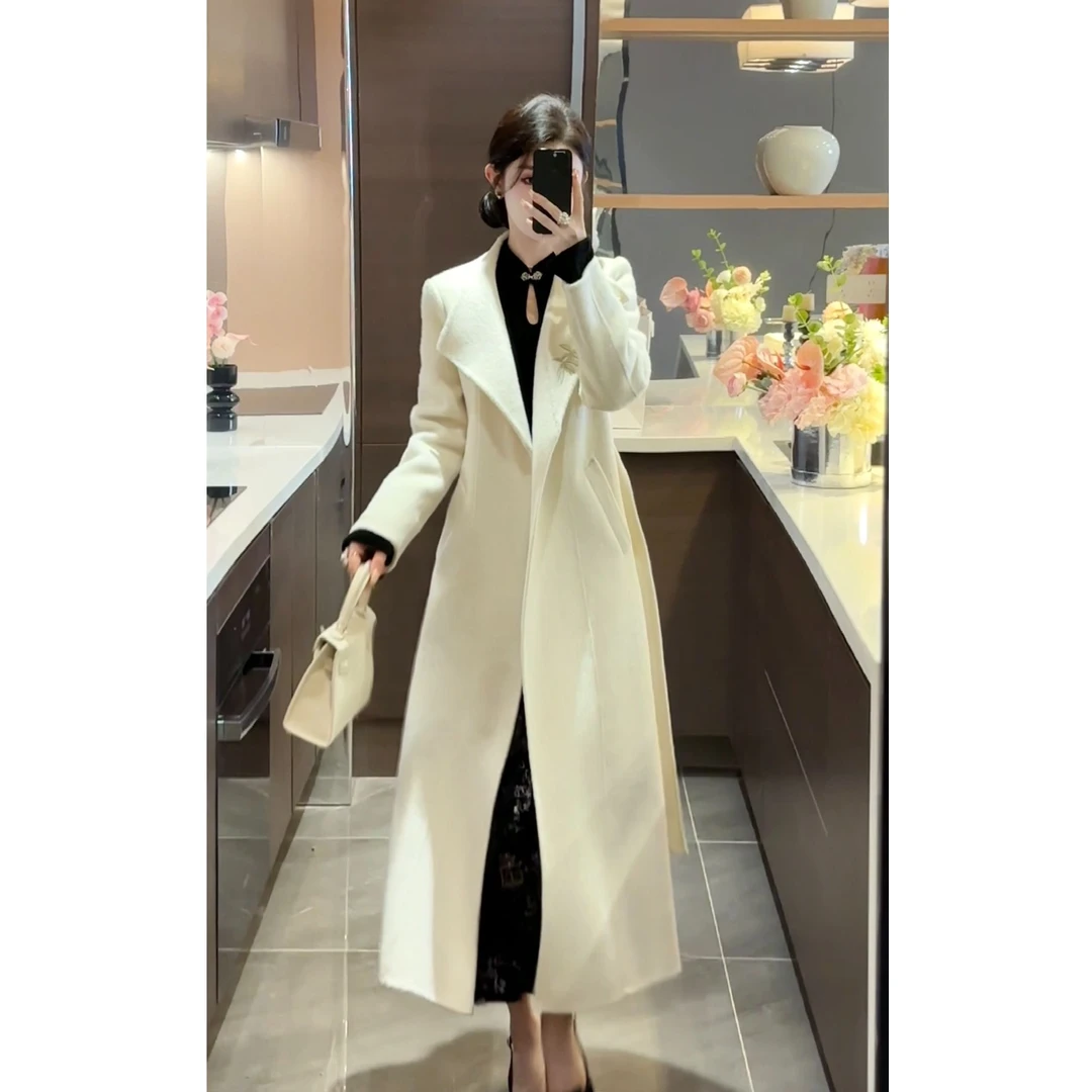 【周粥】【白鹭】新款高级感轻奢白色双面绵羊毛大衣女气质JJQ4DY5406